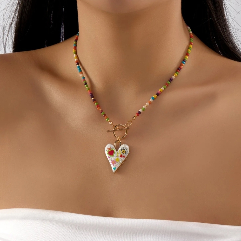 SOLD OUT Enamel Heart Multi-color Beaded Necklace - Picture 6 of 9